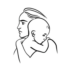 Woman and child. Beautiful mother with baby. Sketching isolated illustration on white background.