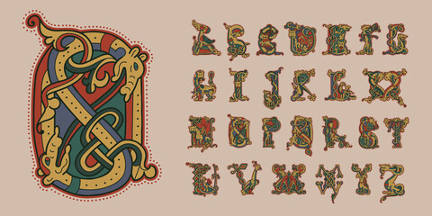 Medieval initials alphabet made of twisted beast, lions, birds and spiral pattern. - obrazy, fototapety, plakaty