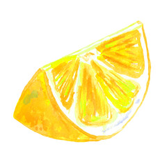 Watercolor illustration: triangular slice of lemon, citrus, isolated object, drawing from nature.