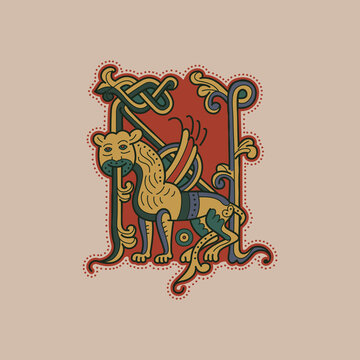 Medieval initial N letter logo made of twisted lion beast, and spiral pattern.