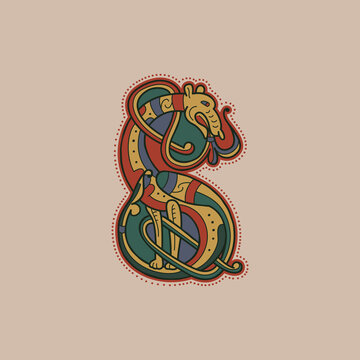 Medieval initial S letter logo made of twisted beast and spiral pattern.
