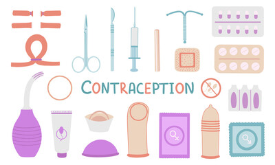 Fototapeta na wymiar Contraception set. Birth control. Vaginal, ring, douche, condom, pills, IUD, implant, diaphragm and injection. Vector Illustration for printing, backgrounds and posters. Isolated on white background.