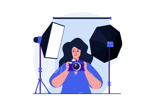 Photo studio modern flat concept for web banner design. Woman photographer holds camera and taking photos in professional studio with spotlight and lamp. Illustration with isolated people scene