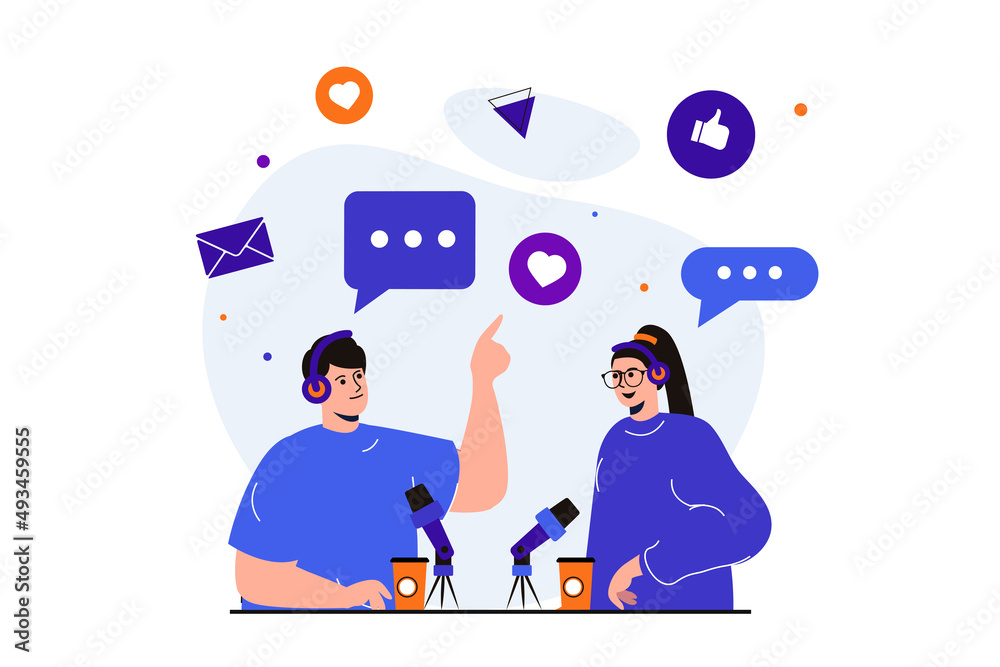 Poster podcast streaming modern flat concept for web banner design. host and guest in headphones are broadc