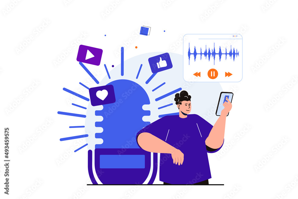 Aufkleber Podcast streaming modern flat concept for web banner design. Man listening to live broadcast or music using audio player application on mobile phone. Illustration with isolated people scene