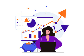 Planning financial budget modern flat concept for web banner design. Woman analyzes statistics, develops financial strategy, invests money, bookkeeping. Illustration with isolated people scene