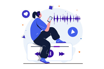 Podcast streaming modern flat concept for web banner design. Woman in headphones listens to live broadcast using mobile app. Listener enjoys music. Illustration with isolated people scene