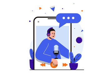 Podcast streaming modern flat concept for web banner design. Man is broadcasting live, talking into microphone. Listening to audio podcasts in app. Illustration with isolated people scene