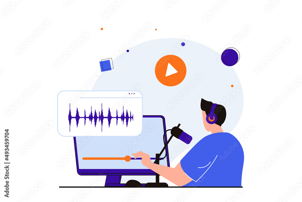 Poster podcast streaming modern flat concept for web banner design. man in headphones records podcast on pr
