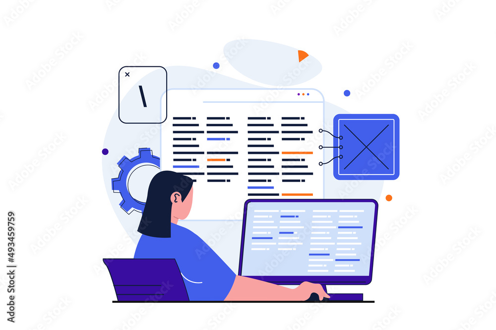 Poster Programmer working modern flat concept for web banner design. Woman writes code, programs on computer screen, tests and optimizes software in office. Illustration with isolated people scene
