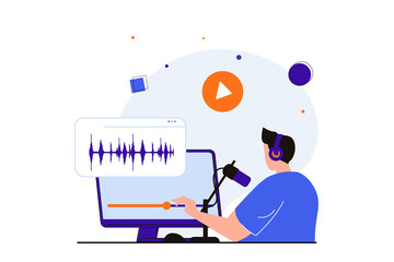 Podcast streaming modern flat concept for web banner design. Man in headphones records podcast on professional equipment and processes audio on computer. Illustration with isolated people scene - obrazy, fototapety, plakaty