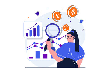 Sales performance modern flat concept for web banner design. Woman studies market and business statistics, develops strategy, investing, making profit. Illustration with isolated people scene