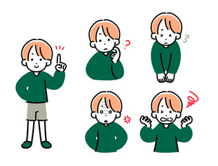 ラフに描いた男の子　表情、感情セット