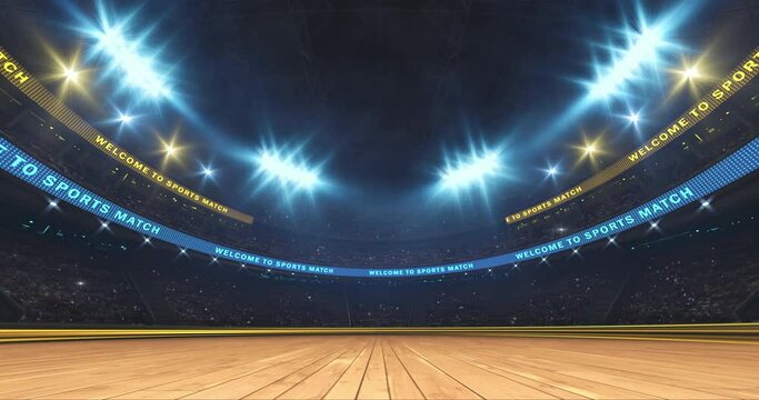 Empty wooden court and grand stadium full of fans and shining floodlights. Professional 4k video advertisement for sports event.