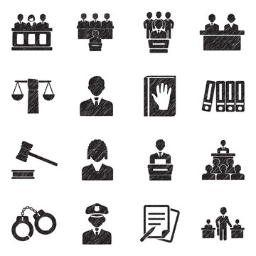 Legal, Court And Justice Icons. Black Scribble Design. Vector Illustration.