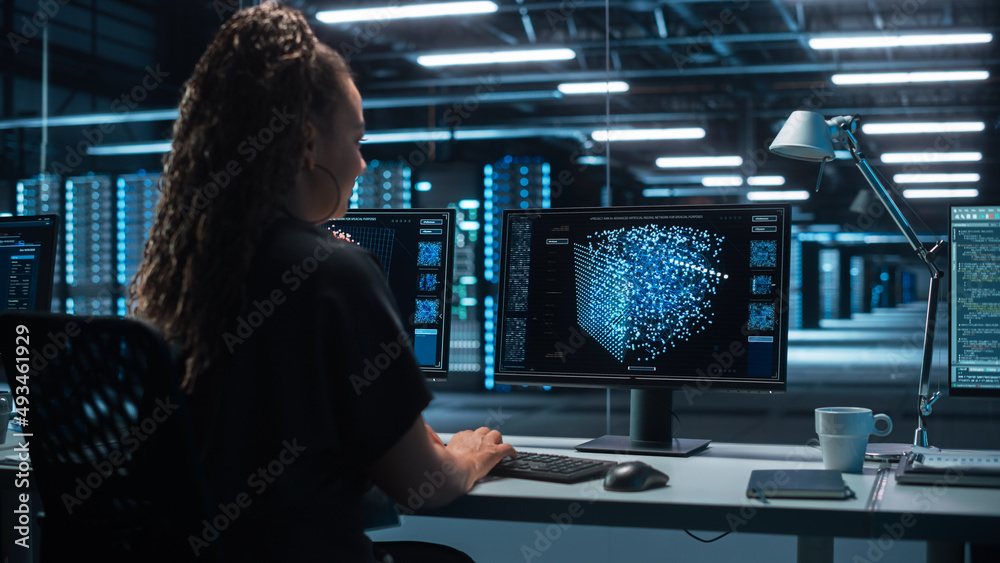 Poster Female Software Engineer Working in a Modern Monitoring Office with Green Screen Mock Up on a Computer. Monitoring Room Big Data Scientist and Manager Sit in Front of Display.