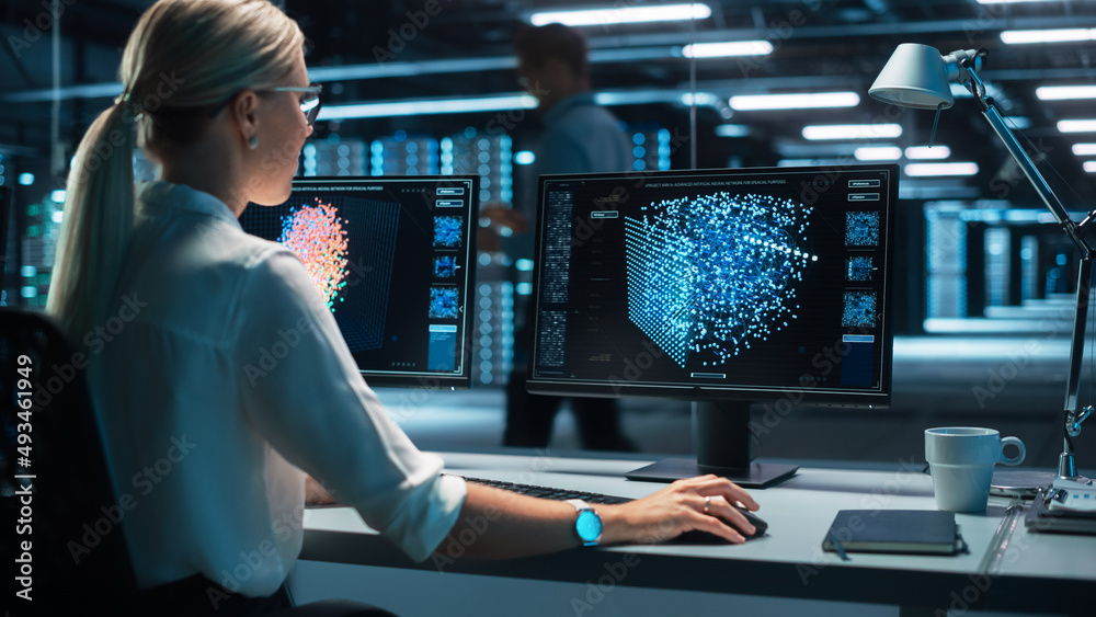 Poster Technical Control Operator Woman Working at Her Workstation with Multiple Displays with Mock-up Green Screen. Possible Data Center Government Surveillance, Neural Network Program