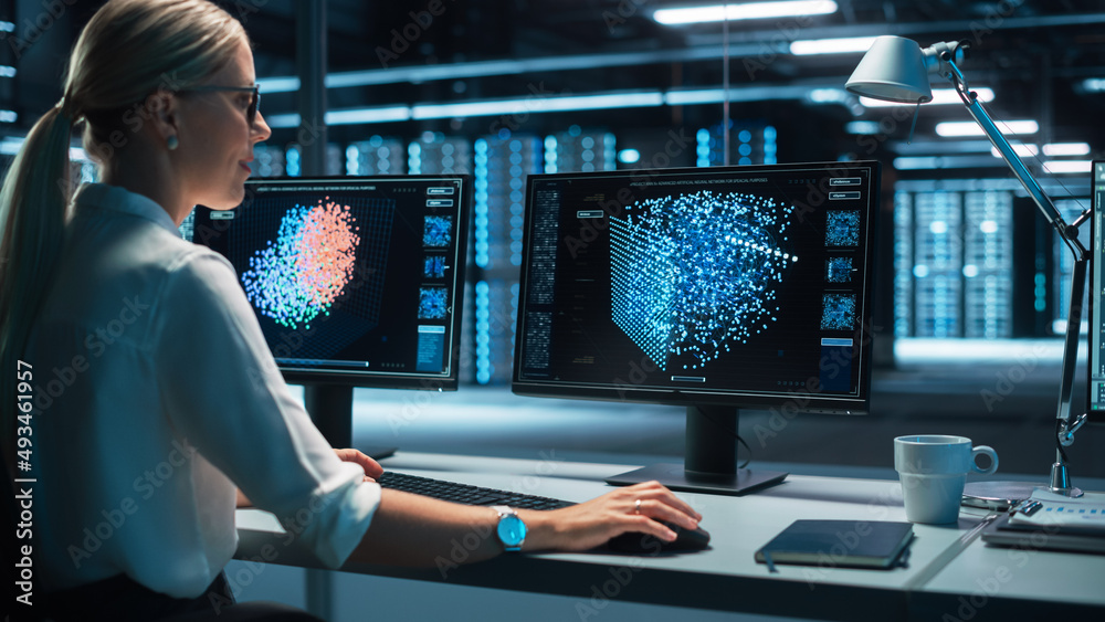Poster European Female Specialist Works on a Computer with Neural Network Visualisation in a Monitoring Center with Global Map Tracking on a Big Digital Screen. Big Data concept