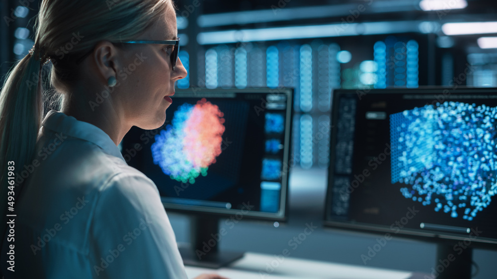 Poster Caucasian Female IT Specialist Working on Green Screen Chroma Key Computer at High-Tech Data Center Server. Monitoring Web Services, Cloud Computing, Analytics Facility, Maintenance of Cyber Security