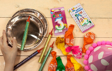 Birthday Party concept Flat Lay, paper plate and candle numbers with colorful balloon and hat party 