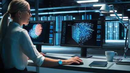 European Female Specialist Works on a Computer with Neural Network Visualisation in a Monitoring...