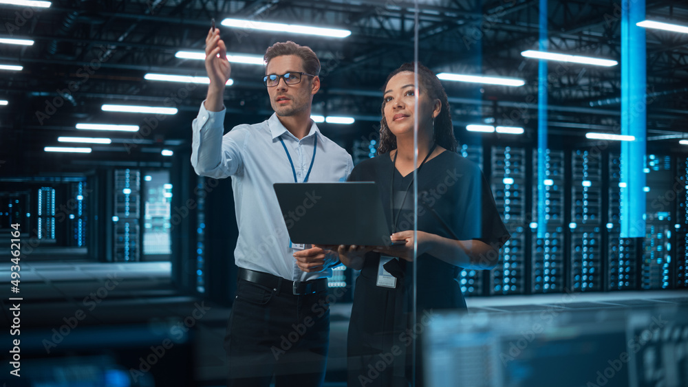 Poster Diverse Big Data Center Server: Entrepreneur and IT Specialist Look at Laptop Screen and Talk. Information Technology Engineer and System Administrator Monitoring Web Services Cloud Solution Software