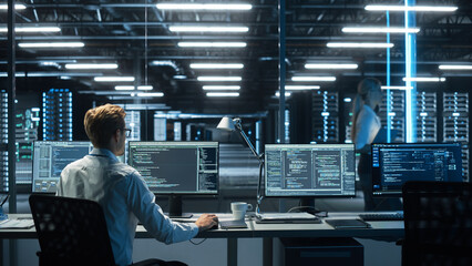 System Administration and Machine Learning Engineer Programming at His Workstation. Man Plans and Carries Out Work to Expand the Network Structure of the Enterprise at His Office