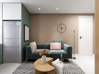 3d illustration, small family living room has a projector and is connected to the kitchen