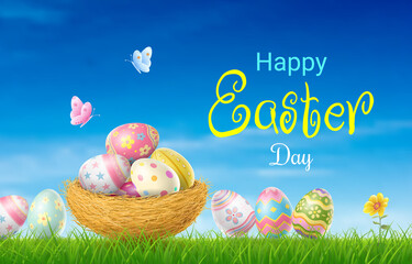 Happy Easter Day colorful egg in nest on grass and beautiful blue sky background with copy space