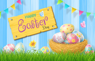 Happy Easter Day colorful egg in nest on grass and beautiful wood background with copy space
