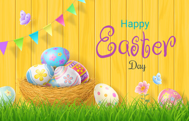 Happy Easter Day colorful egg in nest on grass and beautiful wood background with copy space