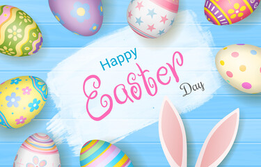 Happy Easter Day colorful egg on beautiful wood background top view with copy space