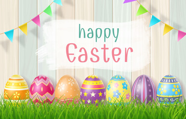 Happy Easter Day colorful egg on grass and beautiful wood background with copy space
