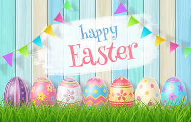 Happy Easter Day colorful egg on grass and beautiful wood background with copy space