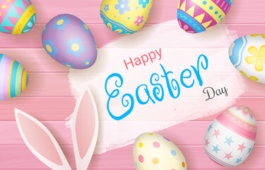 Happy Easter Day colorful egg on beautiful wood background top view with copy space