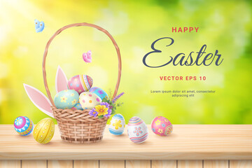 Happy Easter Day colorful egg in basket on Wood table floor and beautiful natural green leaf abstract blurred bokeh light background