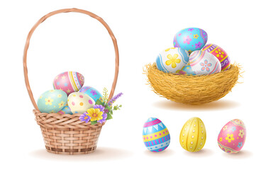 Happy Easter Day colorful egg in basket and nest isolated on white background