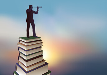 Concept de la réussite basé sur la connaissance, avec le symbole d’un homme debout sur une pile de livres, qui regarde l’horizon au travers d’une longue vue. - obrazy, fototapety, plakaty
