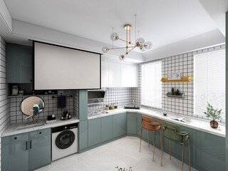 3d illustration, small family living room has a projector and is connected to the kitchen