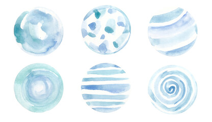 A set of hand-drawn watercolor circles. Circles of cool green, soft blue and blue colors isolated on a white background.