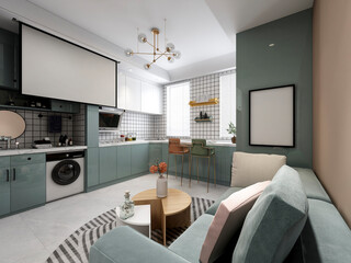 3d illustration, small family living room has a projector and is connected to the kitchen