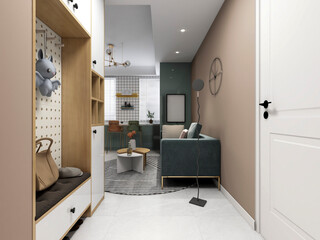 3d illustration, small family living room has a projector and is connected to the kitchen