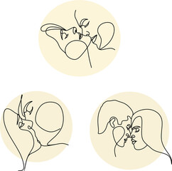 Couple kissing. Linear art. Line drawing of a man and a woman in love. Valentine's Day Minimalist modern card illustration. Wedding logo. Romantic card. Love concept. Fall in love