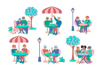Set of young and old men and women sitting at street cafe tables talking to each other, drinking cocktails or beer or wine with friend. Vector illustration.
