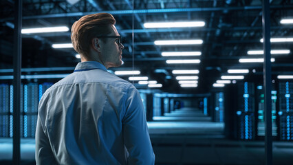 Portrait of IT Specialist Uses Laptop in Data Center. Server Farm Cloud Computing Facility with Male Maintenance Administrator Working. Cyber Security and Network Protection