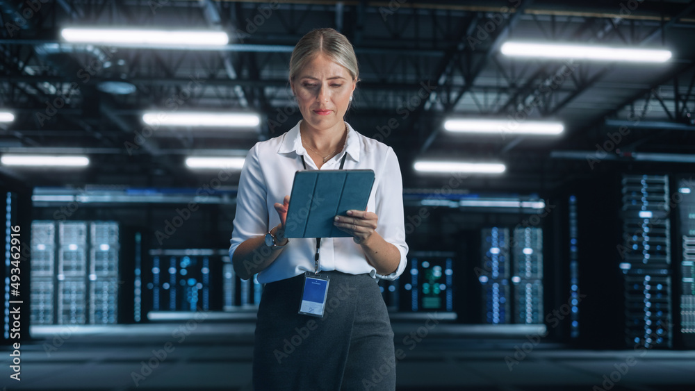 Aufkleber evening office: portrait of successful female chief engineer or ceo using tablet computer to optimis