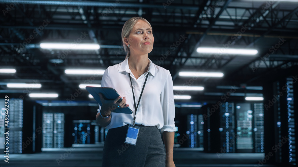 Poster Female Senior Specialist Using Laptop for High Speed Data and Server Transfer in Big Data Center Office. Technology Science Breakethrough, Progress, Innovation Concept