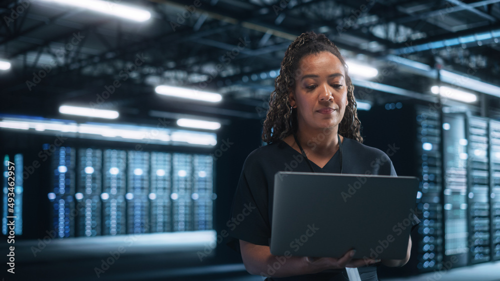 Aufkleber portrait of successful female chief engineer or ceo using laptop computer to optimise big server far