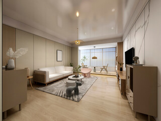 3D rendering, spacious living room design of modern residence, with sofa, tea table, decorative painting, etc