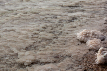 Huge layer of salt  and conbles on a bottom of the dead sea near coast line
